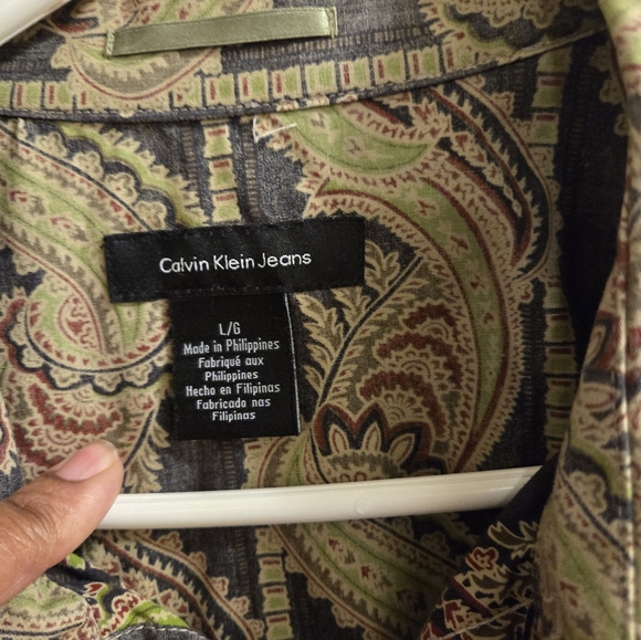 Men's Calvin Klein Shirt Large Green Long Sleeve Paisley Button Up Casual - Picture 4 of 14